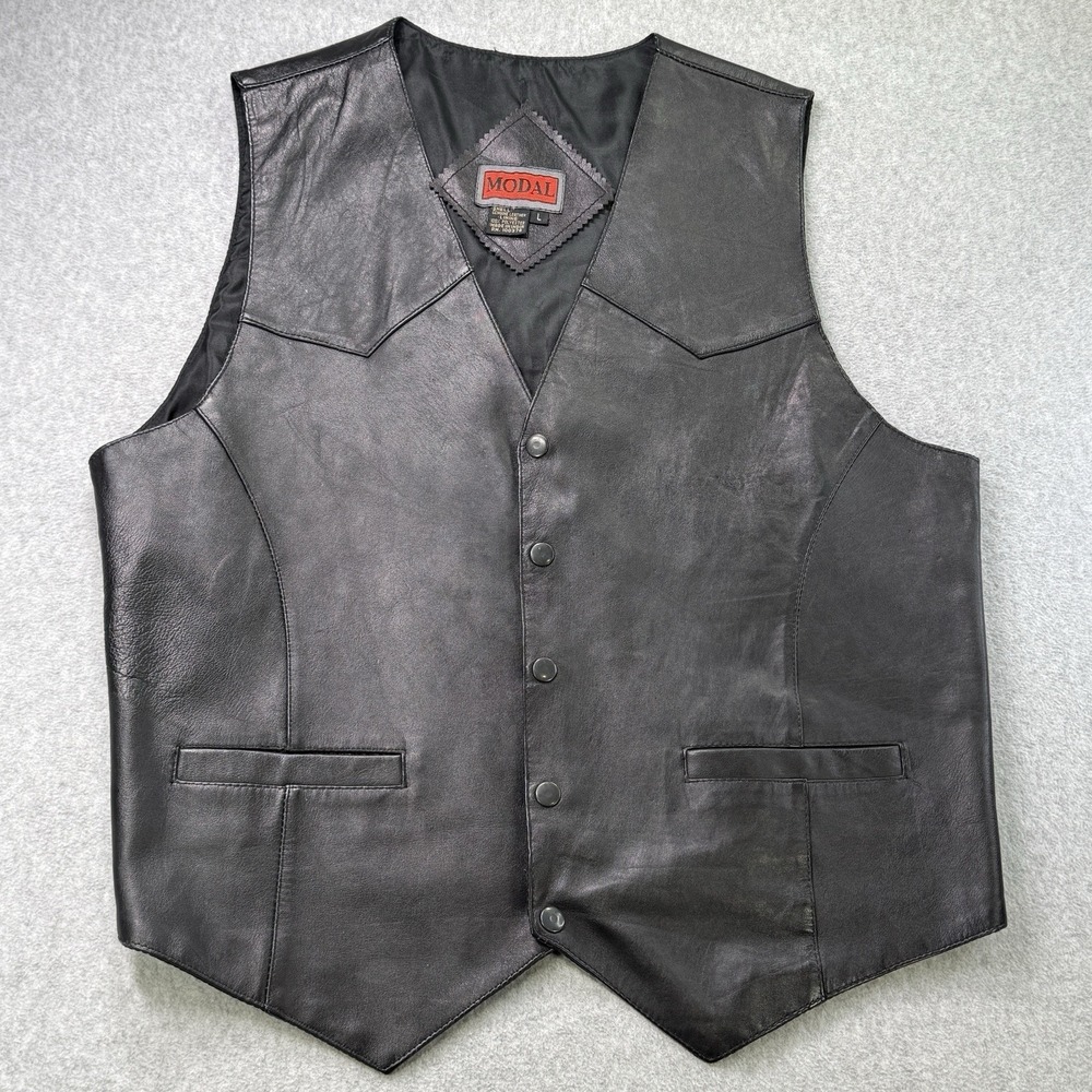 Modal Genuine Leather Vest Black Western‎ Style Snap Front Size L